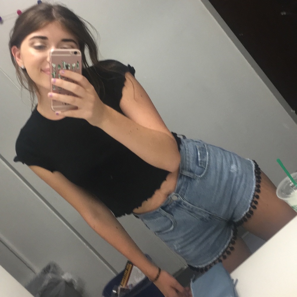 denim tassel pom pom shorts